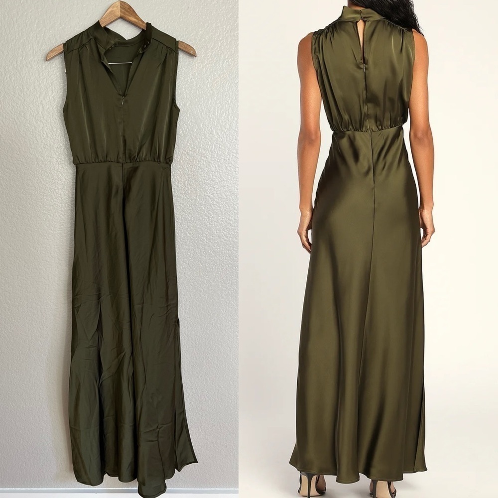 Classic Elegance Olive Satin Sleeveless Mock Neck Maxi Dress - Picture 3 of 10